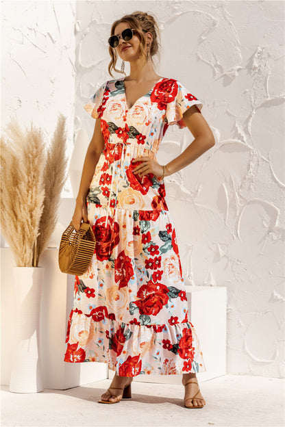 Robe Longue Fleurie à Nouer Col V et Manches Courtes