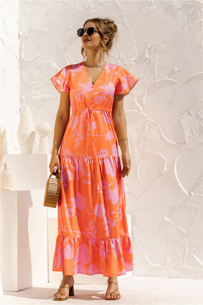 Robe Longue Fleurie à Nouer Col V et Manches Courtes