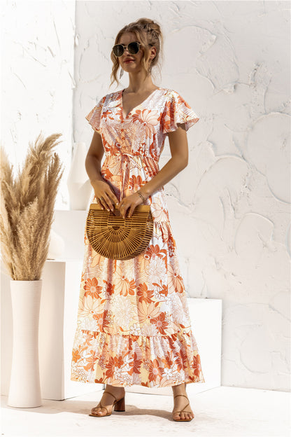 Robe Longue Fleurie à Nouer Col V et Manches Courtes