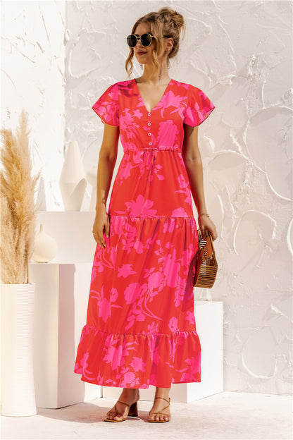 Robe Longue Fleurie à Nouer Col V et Manches Courtes