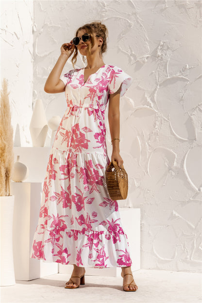 Robe Longue Fleurie à Nouer Col V et Manches Courtes