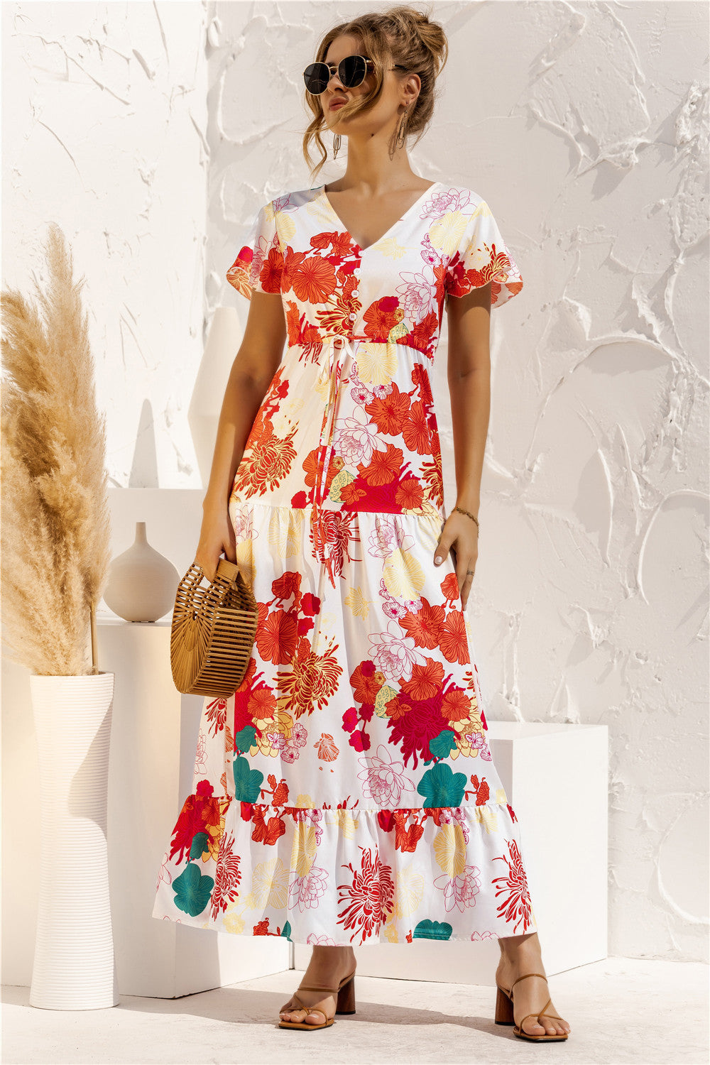 Robe Longue Fleurie à Nouer Col V et Manches Courtes