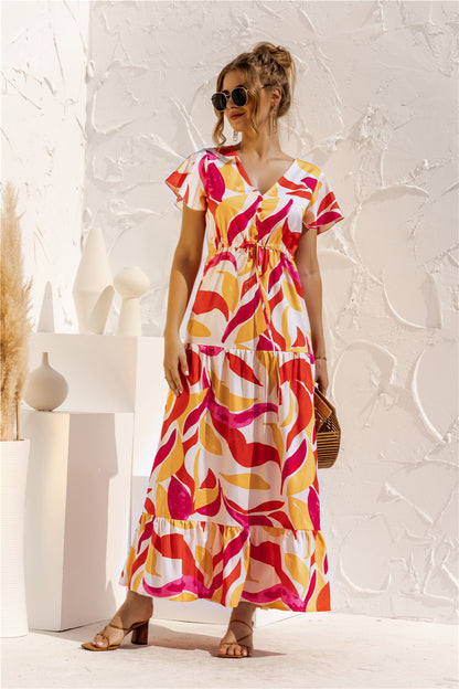 Robe Longue Fleurie à Nouer Col V et Manches Courtes